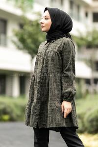 Modalamelif Önü Boydan Düğmeli Yazı Baskılı Fırfırlı Tunik Haki