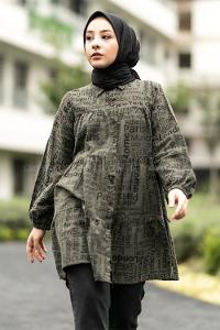 Modalamelif Önü Boydan Düğmeli Yazı Baskılı Fırfırlı Tunik Haki