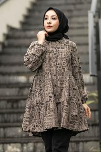 Modalamelif Önü Boydan Düğmeli Yazı Baskılı Fırfırlı Tunik Softkahve