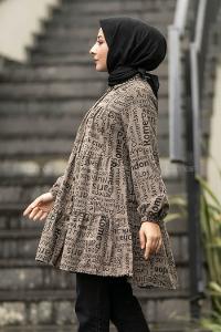 Modalamelif Önü Boydan Düğmeli Yazı Baskılı Fırfırlı Tunik Softkahve