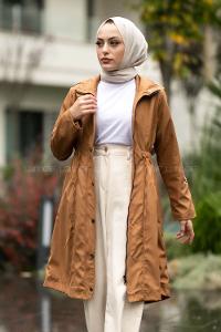 Modalamelif Önü Çıtçıt Düğmeli Beli Lastili Detaylı Çift Cepli Mont Camel