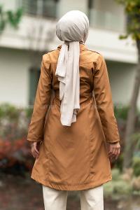 Modalamelif Önü Çıtçıt Düğmeli Beli Lastili Detaylı Çift Cepli Mont Camel