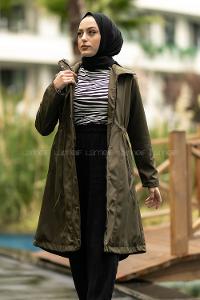 Modalamelif Önü Çıtçıt Düğmeli Beli Lastili Detaylı Çift Cepli Mont Haki