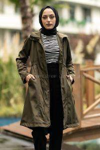 Modalamelif Önü Çıtçıt Düğmeli Beli Lastili Detaylı Çift Cepli Mont Haki