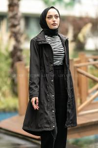 Modalamelif Önü Çıtçıt Düğmeli Beli Lastili Detaylı Çift Cepli Mont Siyah