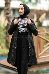 Modalamelif Önü Çıtçıt Düğmeli Beli Lastili Detaylı Çift Cepli Mont Siyah