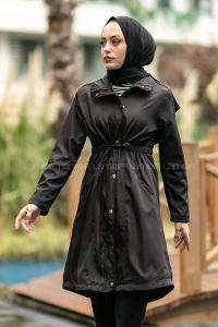 Modalamelif Önü Çıtçıt Düğmeli Beli Lastili Detaylı Çift Cepli Mont Siyah