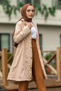 Modalamelif Önü Çıtçıt Düğmeli Beli Lastili Detaylı Çift Cepli Mont Taşrengi