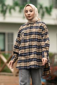 Modalamelif  Önü Düğme Detaylı Tek Cepli Ekose Gömlek Bej