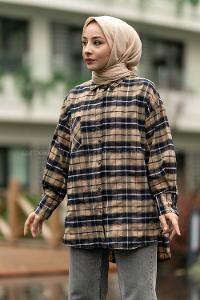 Modalamelif  Önü Düğme Detaylı Tek Cepli Ekose Gömlek Bej