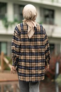 Modalamelif  Önü Düğme Detaylı Tek Cepli Ekose Gömlek Bej