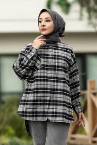 Modalamelif  Önü Düğme Detaylı Tek Cepli Ekose Gömlek Gri