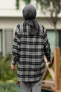 Modalamelif  Önü Düğme Detaylı Tek Cepli Ekose Gömlek Gri