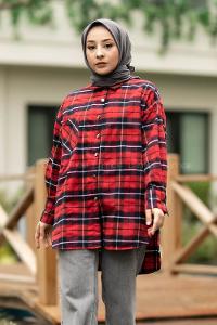 Modalamelif  Önü Düğme Detaylı Tek Cepli Ekose Gömlek Kırmızı