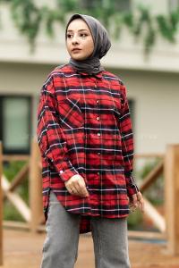 Modalamelif  Önü Düğme Detaylı Tek Cepli Ekose Gömlek Kırmızı