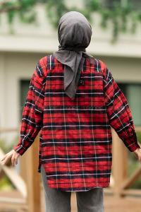 Modalamelif  Önü Düğme Detaylı Tek Cepli Ekose Gömlek Kırmızı