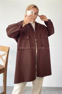 Modalamelif Önü Düğmeli Kapak Cepli Gabardin Gömlek Acı Kahve