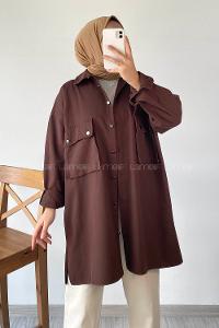 Modalamelif Önü Düğmeli Kapak Cepli Gabardin Gömlek Acı Kahve