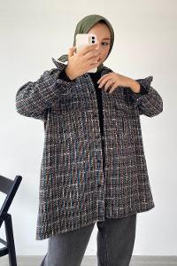 Modalamelif Önü Düğmeli Kilim Desen Gömlek Siyah-Mavi