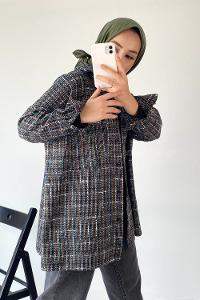 Modalamelif Önü Düğmeli Kilim Desen Gömlek Siyah-Mavi