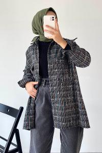 Modalamelif Önü Düğmeli Kilim Desen Gömlek Siyah-Mavi