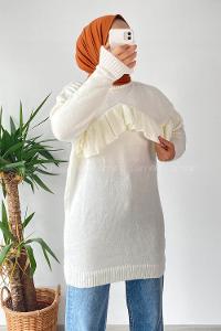 Modalamelif Önü Fırfır Detaylı Yumoş Triko Tunik Ekru