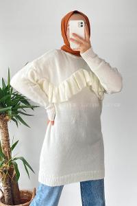 Modalamelif Önü Fırfır Detaylı Yumoş Triko Tunik Ekru