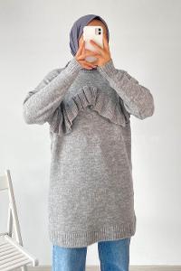 Modalamelif Önü Fırfır Detaylı Yumoş Triko Tunik Gri