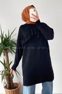 Modalamelif Önü Fırfır Detaylı Yumoş Triko Tunik Siyah