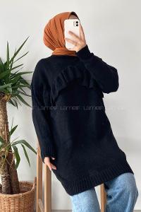 Modalamelif Önü Fırfır Detaylı Yumoş Triko Tunik Siyah