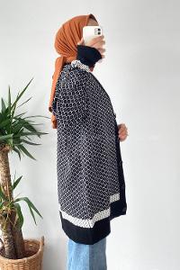 Modalamelif V Yaka Önü Düğmeli Mini Kare Desenli Hırka Siyah