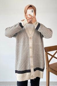 Modalamelif V Yaka Önü Düğmeli Mini Kare Desenli Hırka Taşrengi