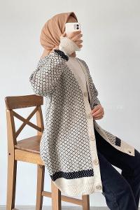 Modalamelif V Yaka Önü Düğmeli Mini Kare Desenli Hırka Taşrengi