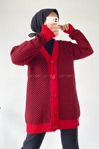 Modalamelif V Yaka Önü Düğmeli Şerit Desenli Hırka Kırmızı