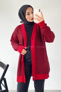 Modalamelif V Yaka Önü Düğmeli Şerit Desenli Hırka Kırmızı