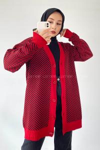 Modalamelif V Yaka Önü Düğmeli Şerit Desenli Hırka Kırmızı