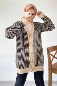 Modalamelif V Yaka Önü Düğmeli Şerit Desenli Hırka Sütlükahve