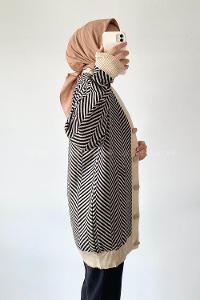 Modalamelif V Yaka Önü Düğmeli Şerit Desenli Hırka Sütlükahve