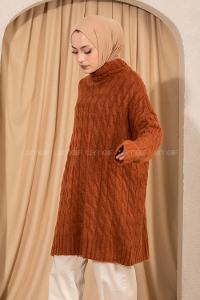 Modalamelif Balıkçı Yaka Örgü Desen Triko Tunik Kiremit