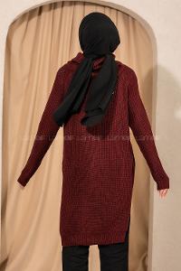 Modalamelif  Boğazlı Yırtmaç Detaylı Salaş Triko Tunik Bordo