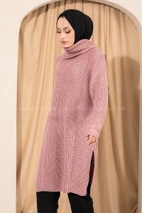 Modalamelif  Boğazlı Yırtmaç Detaylı Salaş Triko Tunik Lila