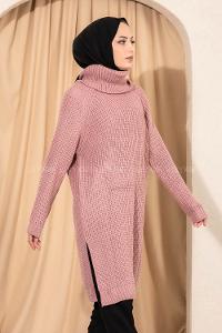 Modalamelif  Boğazlı Yırtmaç Detaylı Salaş Triko Tunik Lila