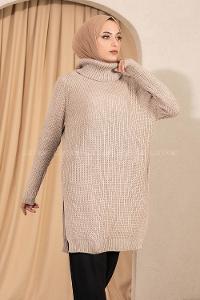 Modalamelif  Boğazlı Yırtmaç Detaylı Salaş Triko Tunik Taş