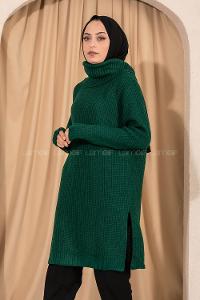 Modalamelif  Boğazlı Yırtmaç Detaylı Salaş Triko Tunik Zümrüt