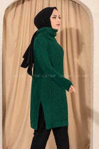 Modalamelif  Boğazlı Yırtmaç Detaylı Salaş Triko Tunik Zümrüt