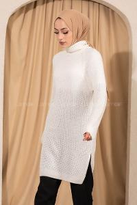 Modalamelif Boğazlı Yırtmaç Detaylı Triko Tunik Ekru