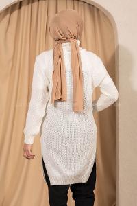 Modalamelif Boğazlı Yırtmaç Detaylı Triko Tunik Ekru