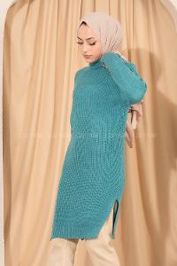 Modalamelif Boğazlı Yırtmaç Detaylı Triko Tunik Mint