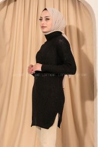 Modalamelif Boğazlı Yırtmaç Detaylı Triko Tunik Siyah