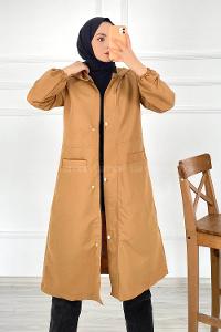 Modalamelif Çift Cepli Önü Fermuar Detaylı Kapüşonlu Trenç Camel